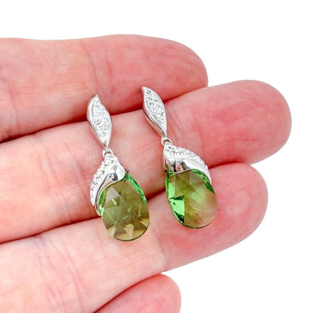 Vintage Sterling Silver Green Cubic Zirconia  Drop Earrings